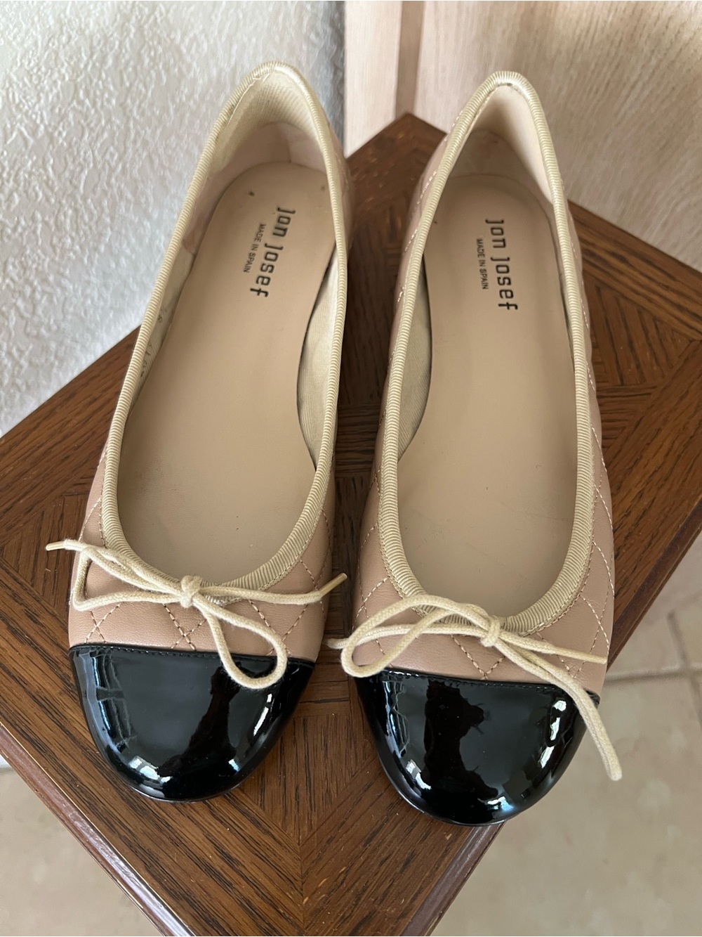 Jon Josef Beige and Black Cap-Toe Quilted Ballet Flats